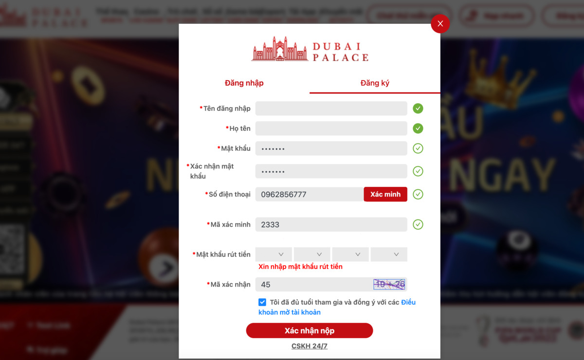 nhập thông tin đăng ký dubai palace